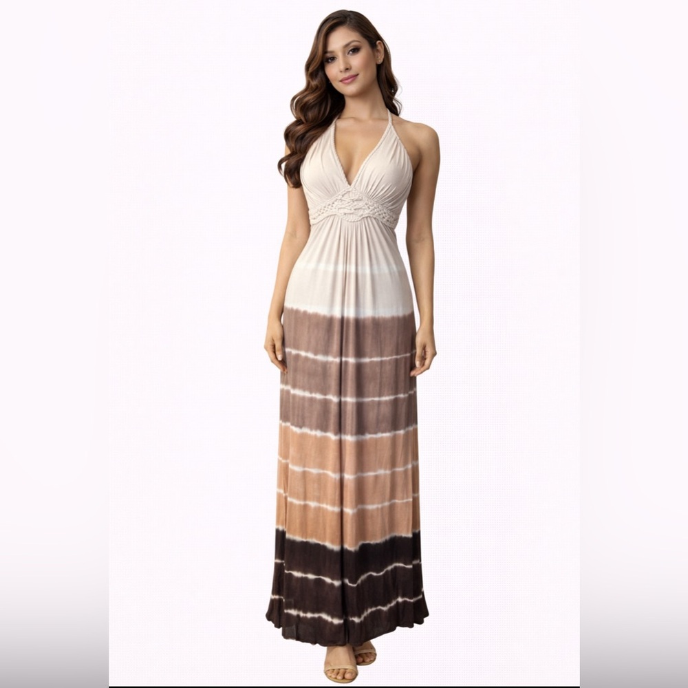 SKY Brand Maxi Dress M Soft Brown Tie Dye Braid Trim Stretch Long NEW - Picture 1 of 13